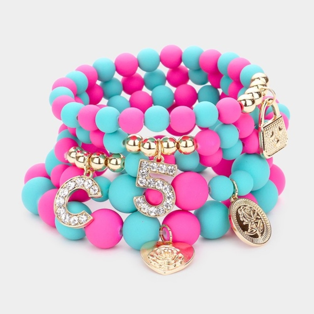 5 piece pink blue gold stretch beaded lock and key charm bracelet